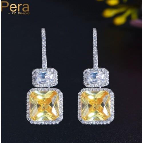Pera Classic Dangle Square Shape Yellow Cubic Zirconia Silver Color Drop Earrings for Ladies Fashion Prom Party Jewelry E686
