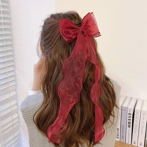 Korea Fashion Hairpin Ladies Summer Simple Hairpin Headdress Ins Chiffon Lace Pure Color Long Ribbon Top Clip Hair Accessories