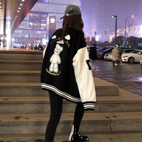 2021 Autumn New Bomber Jacket Women Dark Bear Embroidery Streetwear Clothing Spliced Baseball Street Coat Casual Outwear