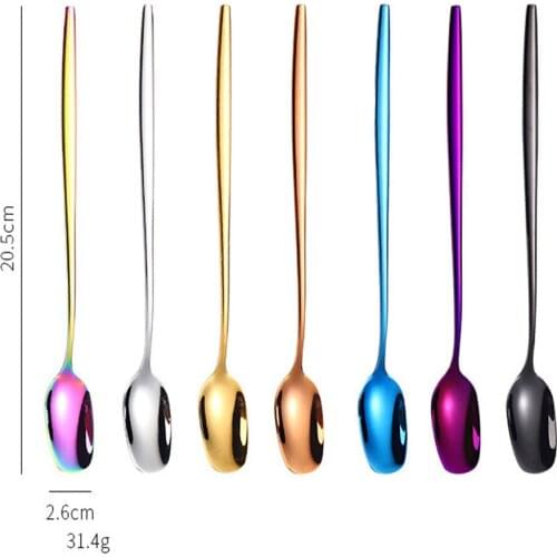 Square Head Round Korean 201 Stainless Steel Pointed Spoon Creative Titanium Plated 7 Colorful Long Stirring Coffee Spoon