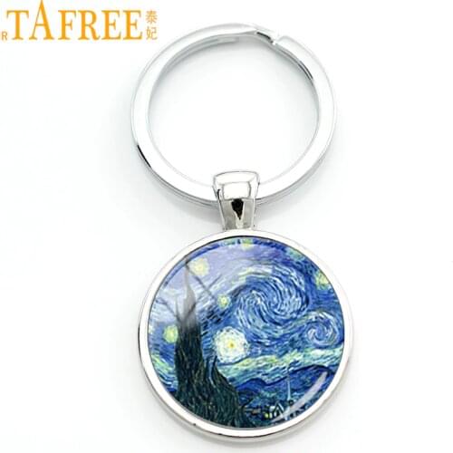 TAFREE Glass Metal Key Chain ring holder men women Jewelry Van Gogh Starry Night Abstract Art Keychain Artwork Gift KC209