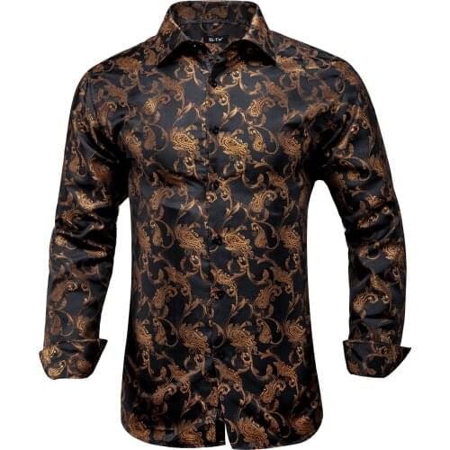 Hi-Tie Black Gold Print Paisley Mens Silk Shirts Long Sleeve Casual Shirts For Men Jacquard Male Business Party Wedding Dress