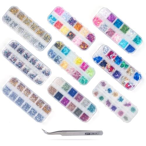 3D Nail Decortion Kit Butterfly Sequin Shell Paper Dried Flower Mixed Colorf Diamond Foil DIY Set With Tweezer