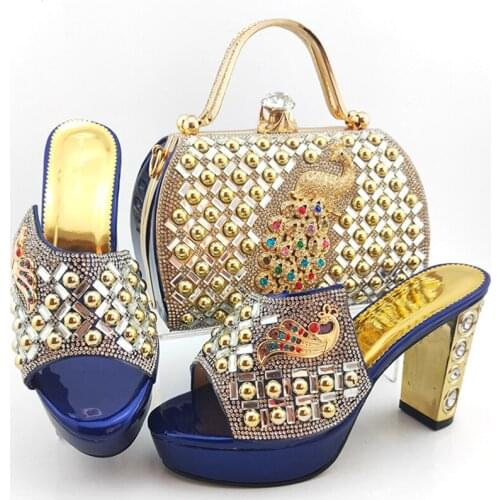 New Arrival Metal Decoration Shoes And Handbag Set For Party African Style High Heels Shoes And Bag Set 10Colors Large Size38-43