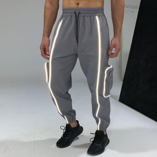 New Fashion Mens Reflective Casual Overalls Autumn Jogging Running Zipper Big Pocket Sports Pants Woven Mens Trousers