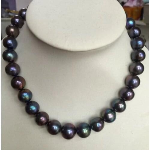 Huge 12-14mm freshwater round black blue red pearl necklace 18inch 925silver