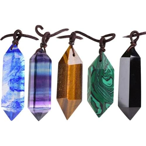 Natural Fluorite Pendant Crystal Amethyst Gemstone Hexagonal Pointed Reiki Chakra Pendant Genuine Leather Necklace