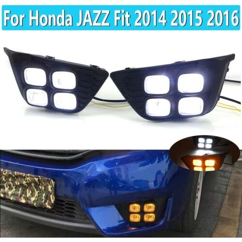 1 Set 12V ABS Fog Light For Honda JAZZ Fit 2014 2015 2016 LED Car DRL Daytime Running Lights With Turn Yellow Signal