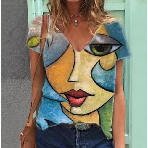 Women T-shirt Cartoon Print Y2K Style Streetwear V Neck Loose Pullover for Dating