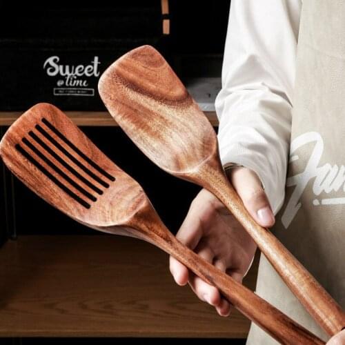 Natural Teak Wood Cookware Wooden Spatula Solid and Slotted Turner No Scratching for Non-stick Pan Shovel in Wood Kitchenware