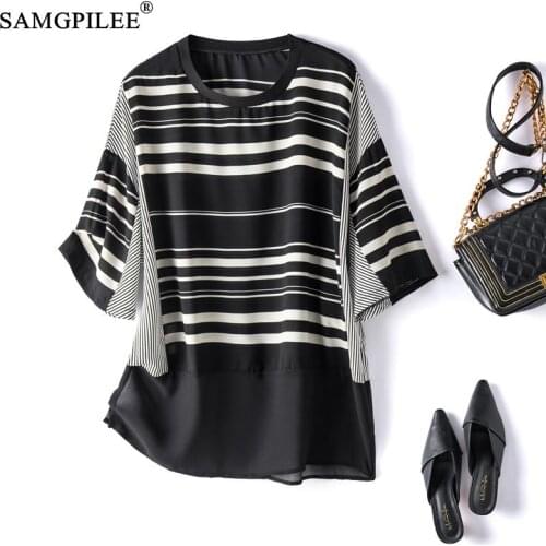 New Korean Style Half Sleeve Chiffon Womens T-shirt Summer 2021 O Neck Striped Patchwork Plus Size T Shirts Oversized 4XL