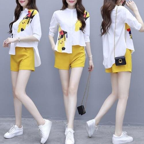 Summer New Short Two Piece Set Women Hidden Breasted Loose Shirt Top + Yellow Wide Leg Mini Pants Female Work Wear Fashion Suits