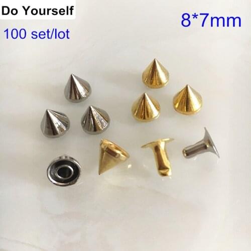 100 sets Sharp Cone Rivet Studs For Leather Crafts,8*7mm Silver / Gold Metal Rivets,DIY Rivet For Stage Clothes,Bags