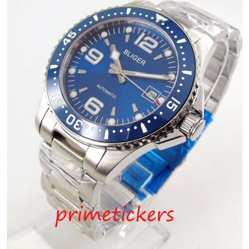 Automatic movement BLIGER fashion 40mm mens watch sapphire glass date window blue dial ceremic bezel stainless steel strap