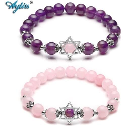 Ayliss Natural Stone Bracelets Hollow Six-pointed Star Elastic Bracelet Gem Stone Purple Pink Stretch Bracelet Jewelry 6.5"inch