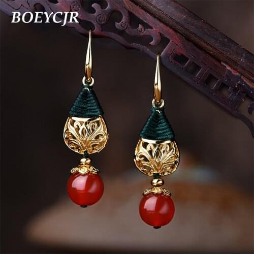BOEYCJR Ethnic Vintage Gold Color Hollow Water Drop Red Stone Bead Dangle Earrings Jewelry Drop Earrings For Women Gift