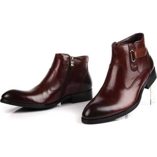 2020 Men Shoes Genuine Leather Boots Fashion Buckle Round Toe Work Boots Luxury Brand Spring Autumn Zipper Dress Shoes