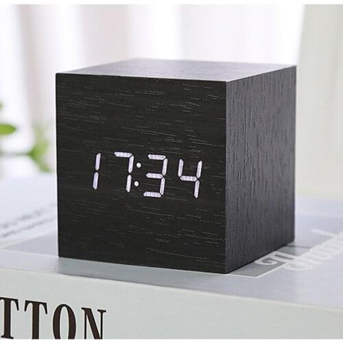 Digital Alarm Clock LED Wooden Watch Table Clock Voice Control Wood Electronic Desk Clocks with Day Date Temperature Humidity