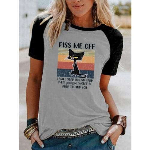Piss Me Off T-Shirt Women Summer Funny cat print raglan contrast short-sleeved t-shirt Graphic Casual Tops Athletic Tees Shirts