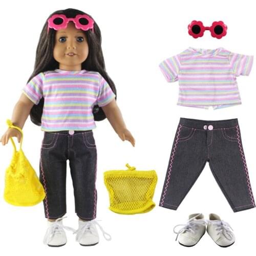 Hot sell! 1 set Leisure handmade dress clothes outfit Princess skirt for 18"American Doll+Shoes+Bag+Glasses L33