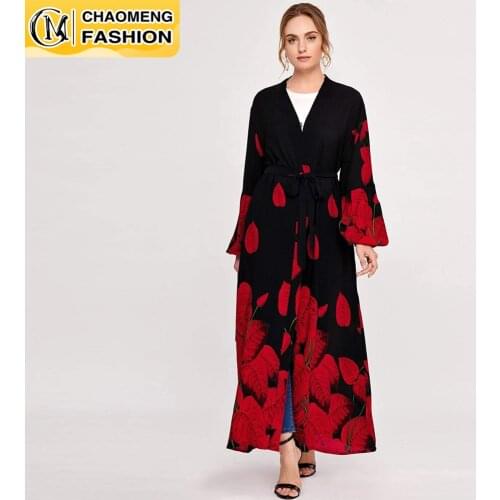 Eid Mubarak Arab Muslim Women Cardigan Digital Printed Maple Leaf Sleeve Chiffon Open Abaya Dubai Kaftan Turkey Islamic Clothing