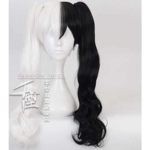 Juziviee Monokuma Cosplay Wig Black White Costume Wig Long Wavy Curly Wigs for Party Halloween with 2 Bears