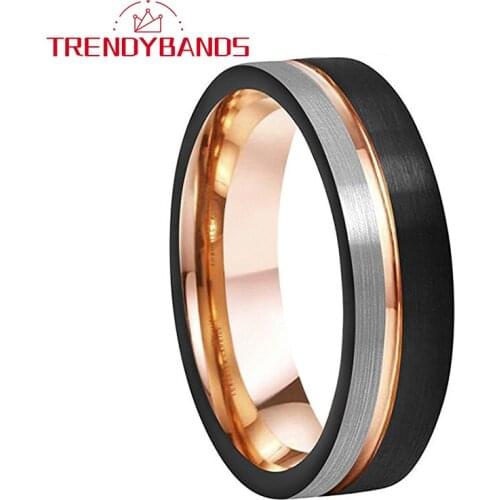 6MM Rose Gold Black Tungsten Rings For Men Women Wedding Band Pipe Cut Brushed Finish Comfort Fit
