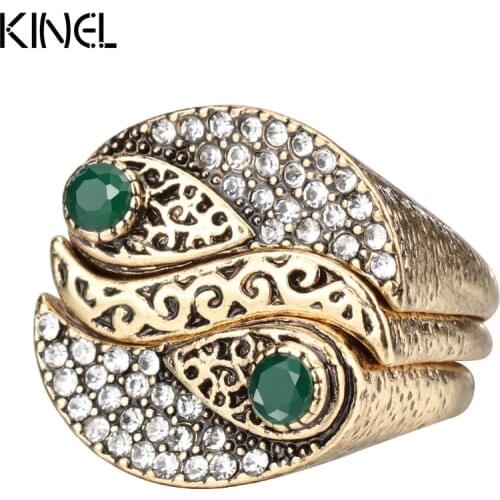 Kinel New Arrivals Fashion 3Pcs Bohemia Womens Rings Sets Antique Gold Color Mosaic Crystal Midi Ring Unique Retro Jewelry