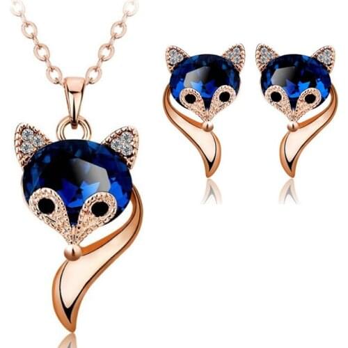 Ociki Rose Gold Color Fox Animal Blue Crystal Necklace and Earring Choker Crystal Jewelry Set for Women Girls Gift Drop Shipping