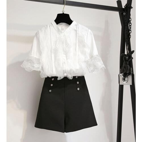 Summer 2 pieces suits bow lace blouse shirt women tops + slim shorts set Women two piece set tracksuit