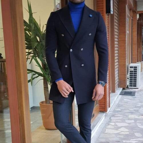 Navy Woolen Mens Coat Suits Custom Made Thick Double Breasted Wedding Tailored Party Prom Business Blazer Only One Piece