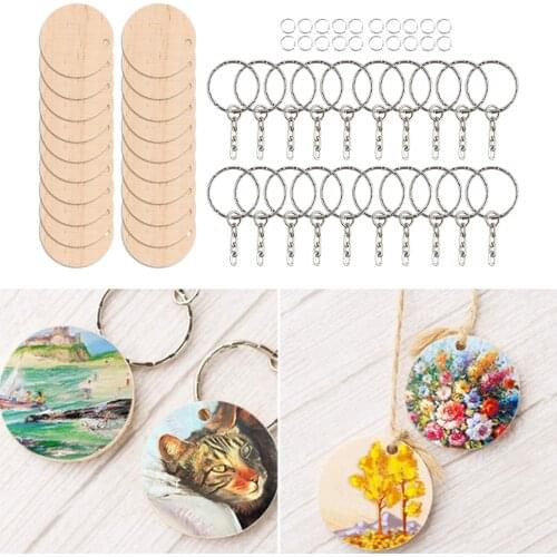 Wooden Blanks Keychain Set Including Wooden Disc, Key Rings with Chain