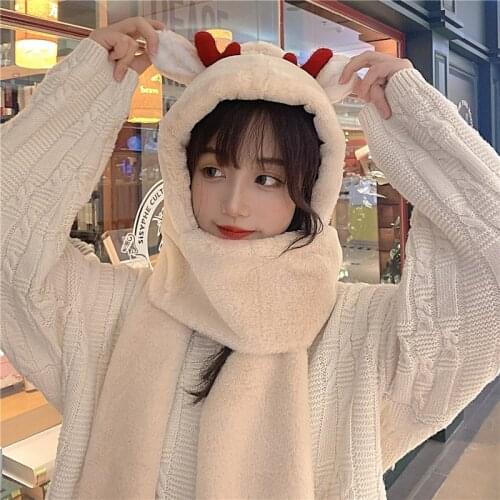2021 Winter Women Novelty Beanies Caps Warm Cute Reindeer Antlers Hat Casual Plush Hat Scarf Set Casual Solid Women Caps Present