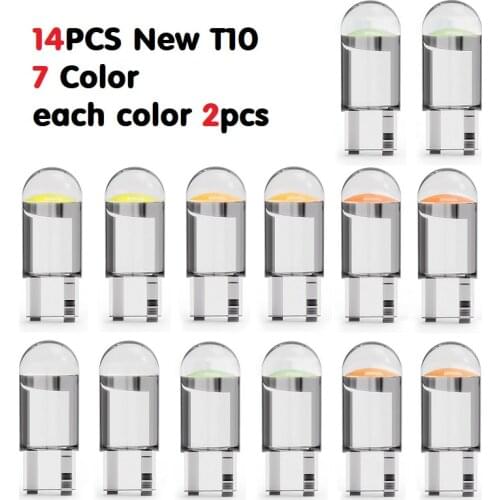 14pcs/set COB Glass W5W Led T10 New Car Light 6000K White Auto Automobiles License Plate Lamp Dome Read Trunk DRL Bulb Style 12V