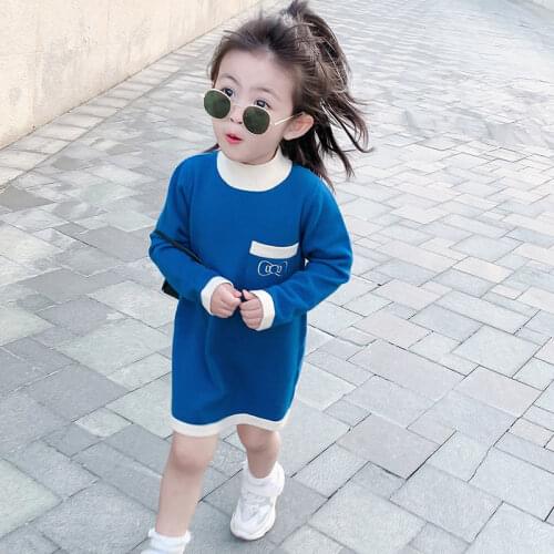 Girls' Autumn Dress 2021 New Korean Cute Patchwork Color Dress Childrens Casual Crew Neck Straight Sweater Dress Kids Clothes