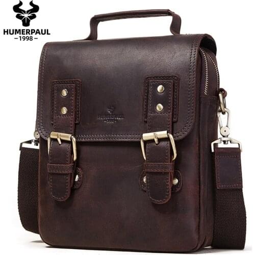 HUMERPAUL Mens Shoulder Bag Crazy Horse Leather Vintage Messenger Bags For 9.7in iPad Male Bolsos Crossbody Bags Travel Sling