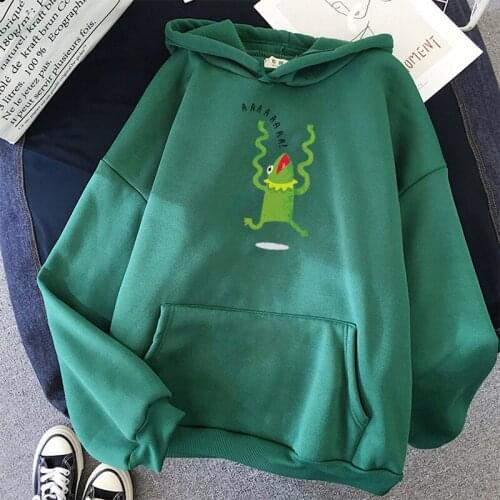 Harajuku Froggy Freak Out Print Hoodies Women Casual Long Sleeve Loose Hooded Sweatshirt Autumn Winter Fleece Hoody Pullover Top