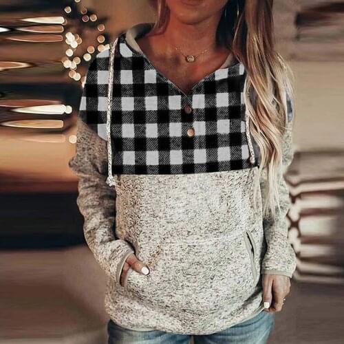 Hoodies Fashion Women Plaid Buttons Collar Hooded Sweatshirt Pullover Pockets Drawstring Top Oversize Elegant Womens Sweatshirt