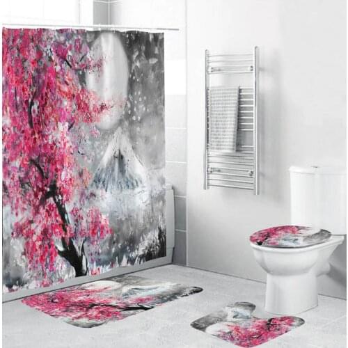 Cherry Trees on Mount Fuji Printing Fabric Shower Curtains Bathroom Curtain Anti-skid Rugs Toilet Lid Cover Bath Mat Set Pink