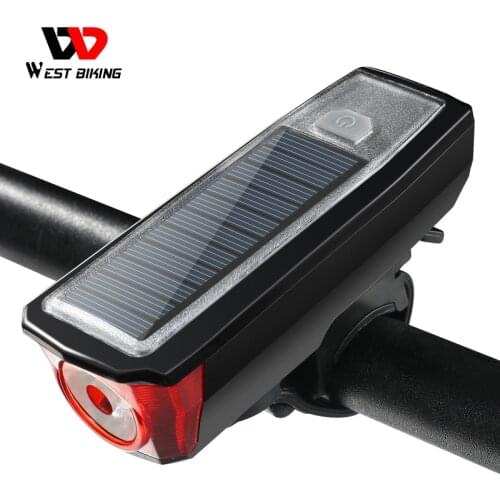 WEST BIKING Solar Powered Bicycle Light with Bells Cycling USB Charging Front Lamp 350 Lumen 4 Modes Waterproof Led Bike Lights