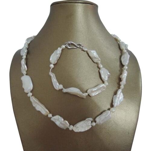 Free shipping BIWA baroque pearl jewelry set 100% NATURE FRESHWATER Baroque PEARL-50 cm CHOKER pearl necklace WITH BRACELET