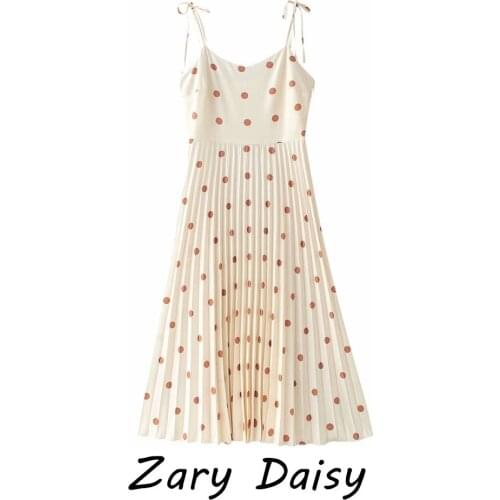 Zary Daisy French Polka Dot Sling Skirt Cream Apricot High-waist Light-Skin Pleated Skirt Mid-length Dress New