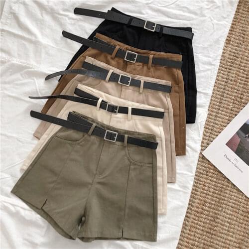 2021Women Summer Shorts Slit Wide Leg Casual New Korean Female Commute Solid Color High Waist Overalls 2XL Shorts[Send belt]