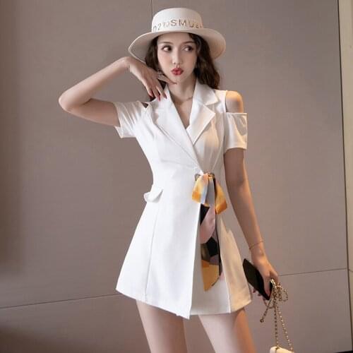 Elegant Off-the-shoulder Blazer Dress Two piece set Female 2021 Summer Notched Short Sleeve Blouse Shorts Professional Suit