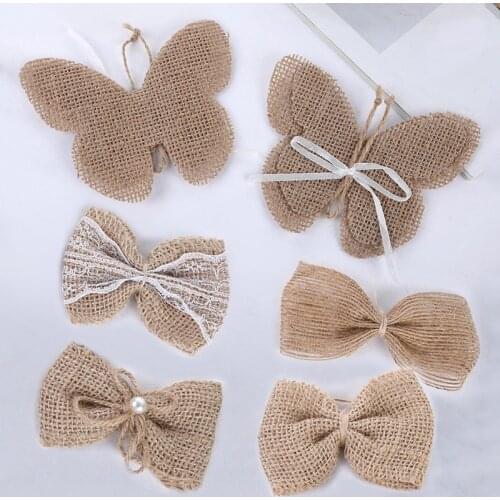 1Pc Burlap Bow Vintage Natural Jute Burlap Hessian Bows Lace Ribbon Wedding Decoration Rustic Mariage Bowknot Diy Gift Material