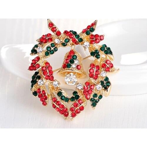 Shining Sweet Heart Christmas Floral Hoop Bell Rhinestone Brooch Pins For Christmas Gift Girls Women Fashion Jewelry