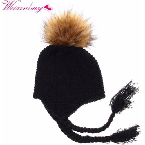 Children Cap Knit Baby Hat With Pompom For Winter Fur Cotton Hats Kids Ears Beanie Thick 0-2 Years