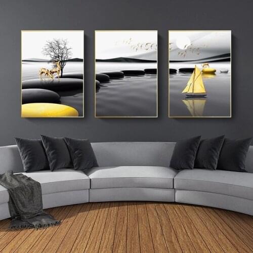 Black Yellow Stone Boat Deer Abstract Art Canvas Painting Living Room Bedroom Cafe Internet Nordic Style Wall Art Pict