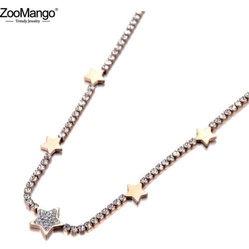 ZooMango Trendy Titanium Stainless Steel CZ Crystal 5Pcs Star Choker Necklaces For Women Chic Charm Rhinestone Necklace ZN19191