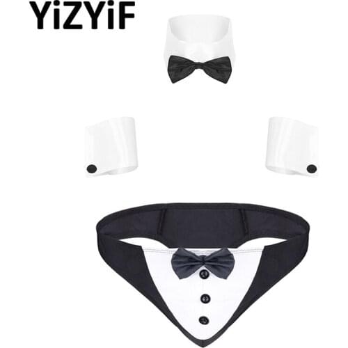 Mens Sexy Lingerie Set Waiter Role Play Costume Set Triangle Bowknot Buttons Briefs Underwear With Collar Cuffs Sexy Clubwear